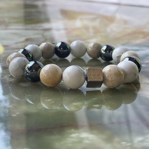 mix Chrysanthemum Fossil Coral & Hematite & Howlite 12mm Bracelet1 copia2