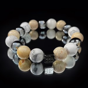 Chrysanthemum Fossil Coral & Hematite & Howlite 12mm Bracelet